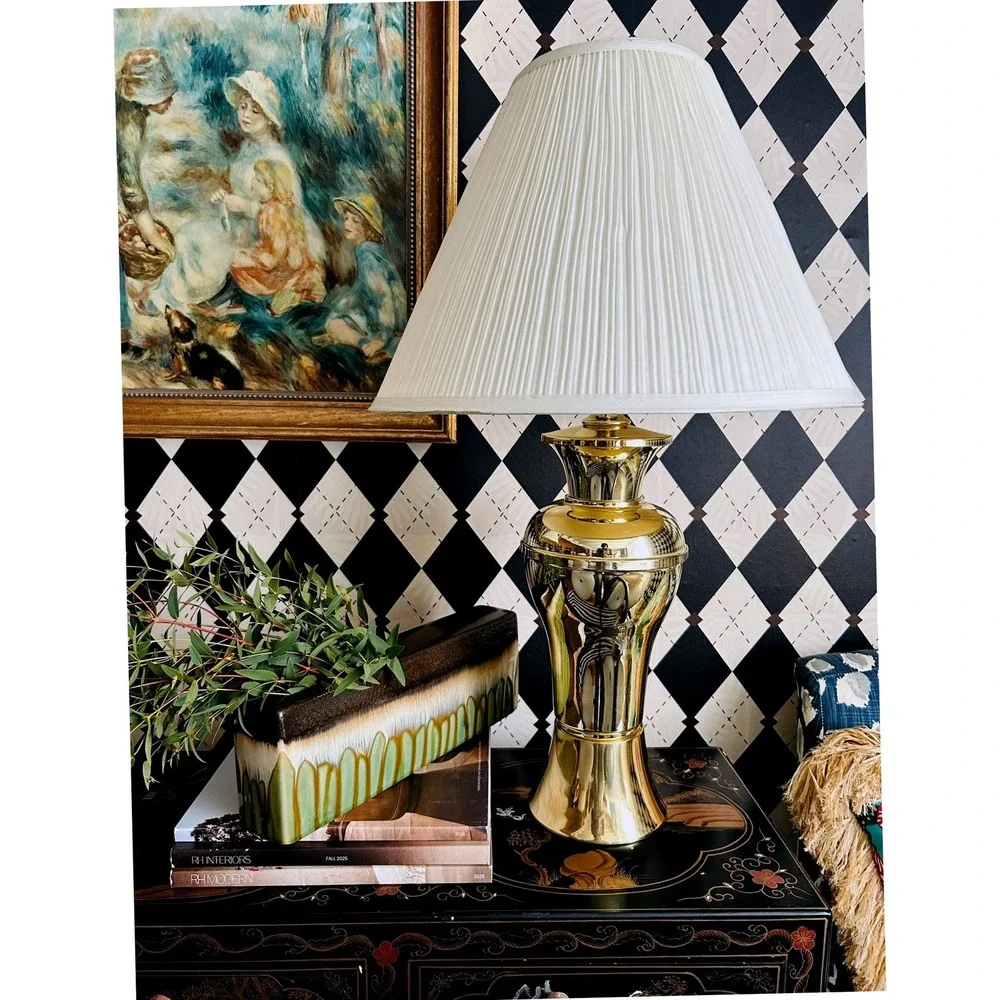 Pair Gold Tone Metal Table Lamps Polished Pedestal Vintage Lighting